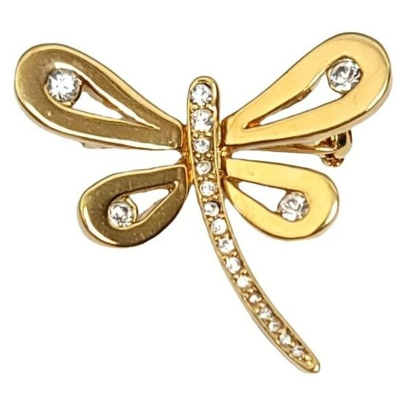 St John Gold Tone Clear Rhinestone Dragonfly Brooch Pin, Signed - Picture 1 of 10